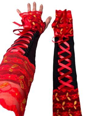 Long Corset Fingerless Gloves Black Red Gold Floral Lace Up Arm Sleeves Wedding
